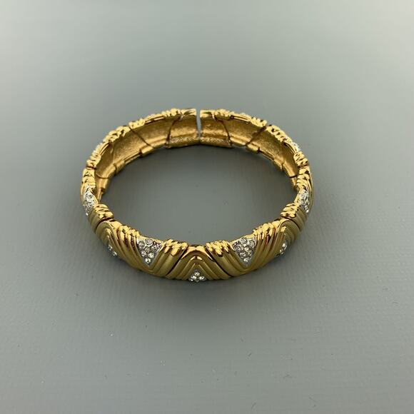 Vintage Gold Tone Metal Rhinestones Textured Open Cuff Bracelet - Picture 5 of 10